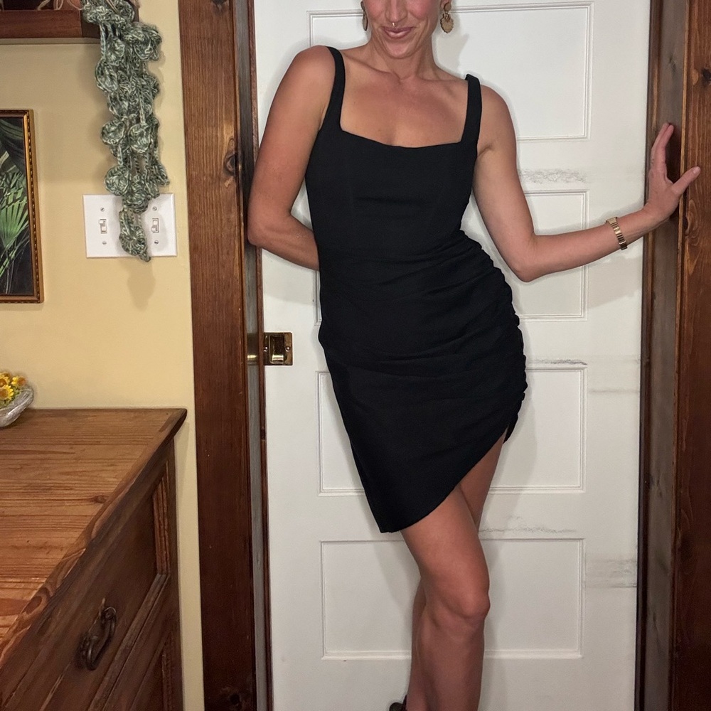 Isalis Asymmetrical Black Cotton Mini Bodycon Dress